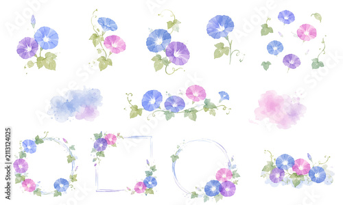 水彩画の朝顔のイラスト素材とフレームセット
