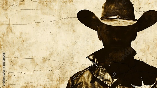 Wild West sheriff silhouette in cowboy hat on cracked vintage background