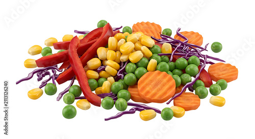 Fresh mixed vegetables including red bell pepper slices, sweet corn kernels, green peas, sliced carrots, and shredded purple cabbage isolated on transparent background