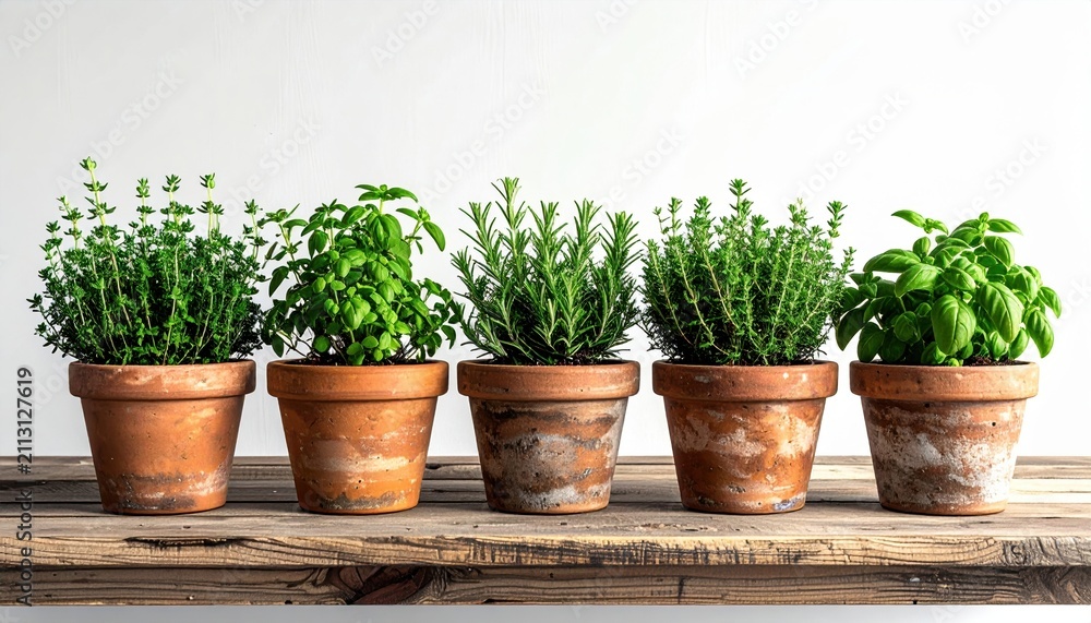 Fototapeta premium Multiple aromatic herb pots including thyme, rosemary and basil arranged naturally on wooden table with white background, realistic indoor gardening scene