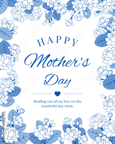 Happy Mother's Day greeting card vector illustration.  Jasmine flower frame background. white and blue theme