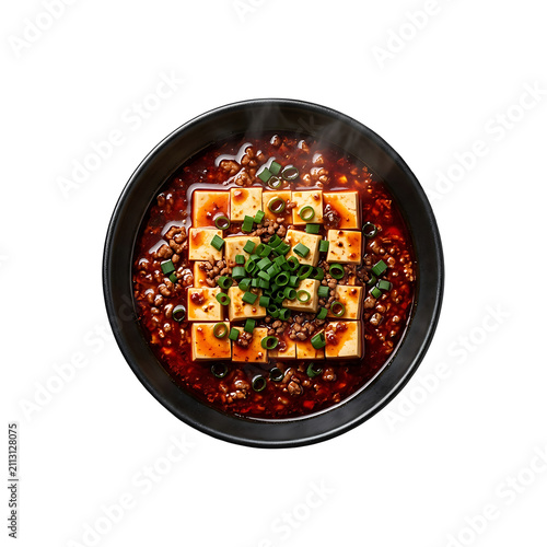 Top view of mapo tofu in a black bowl, a spicy chinese dish featuring soft tofu cubes, minced meat, and chili oil, garnished with fresh chopped green onions, isolated on transparent background