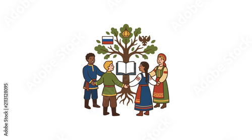 People in Traditional Costumes Holding Hands Around Cultural Tree Illustration