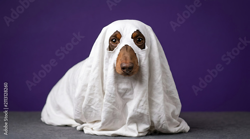 Cute basset hound dog wearing a ghost costume