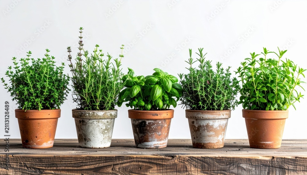 Fototapeta premium Multiple aromatic herb pots including thyme, rosemary and basil arranged naturally on wooden table with white background, realistic indoor gardening scene