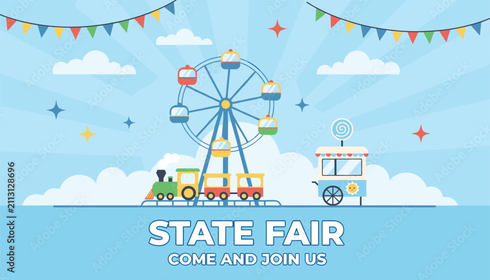 Naklejka premium State fair promotional banner template with amusement park rides including a large Ferris wheel, toy train, and food cart.