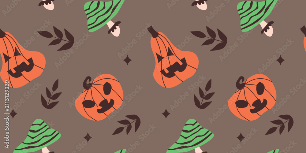 Fototapeta premium Autumn seamless Halloween pattern in warm shades with pumpkins and mushrooms with floral elements