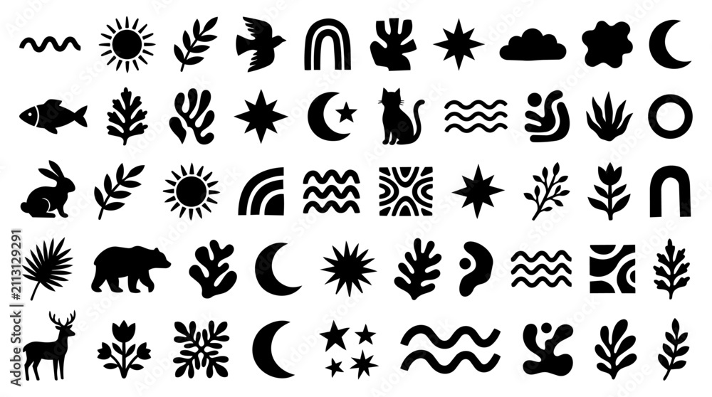Fototapeta premium Boho Abstract Icon Set, Minimalist Black Shape Vector Collection