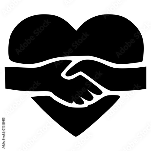 Black silhouette of a heart encompassing two hands shaking, symbolizing partnership, love, agreement, and unity.