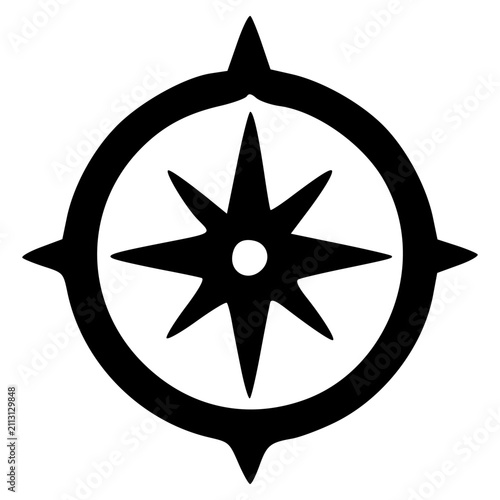 A stylized black and white graphic illustration of a compass rose symbol with eight points, indicating direction and navigation.