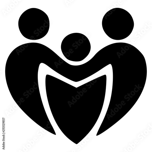 Stylized black silhouette of three people forming a heart shape, representing family, care, and unity.