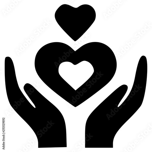 Black and white icon depicting two hands gently holding a large heart, with a smaller heart floating above, symbolizing love, care, and support.