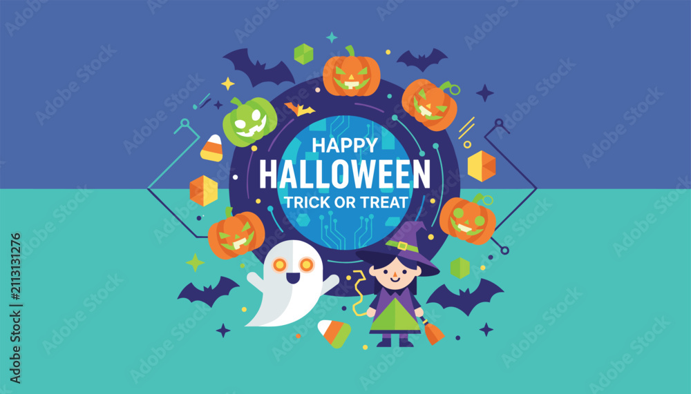 Fototapeta premium Tech themed Happy Halloween banner with circuit details, digital green pumpkin, friendly ghost, and cute witch.