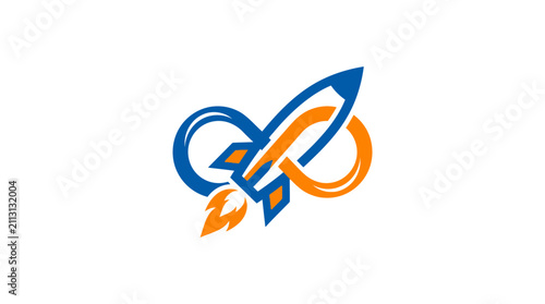 A stylized graphic illustration of a rocket ship flying in an infinity loop pattern