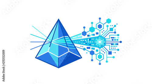 A blue geometric prism refracts light into a complex digital circuit pattern