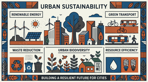 An infographic illustration showing concepts of modern urban sustainability and ecology