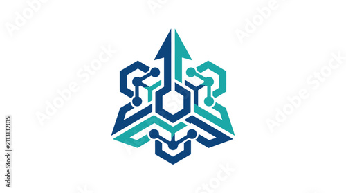A geometric abstract icon featuring interconnected hexagonal shapes and arrows