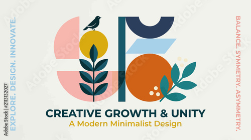 A modern minimalist graphic design featuring geometric shapes and a small bird