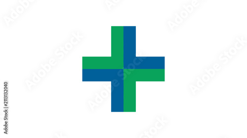 A simple geometric cross shape featuring alternating blue and green color blocks