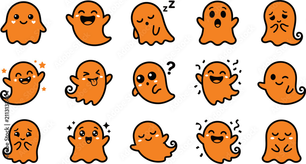Fototapeta premium Cute orange ghost characters with varied happy expressions during Halloween season with copy space for text