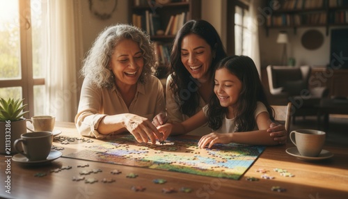 Multi-generational Latina family laughing together while assembling a large jigsaw puzzle on a dining table in a cozy home