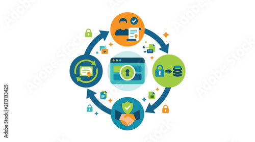 фотографія Circular diagram of interconnected business and technology icons.