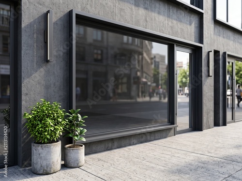 Modern storefront shop window with green plants in concrete pots on a city sidewalk