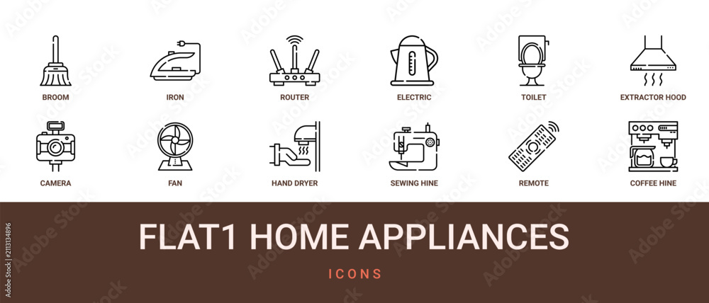 Fototapeta premium Set of 12 outline web Flat1 Home Appliances icons such as coffee hine, remote, sewing hine, hand dryer, fan, camera, extractor hood vector icons for report, presentation, diagram, web design, mobile