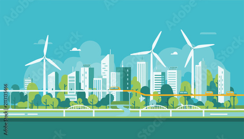 Green eco friendly smart city with wind turbines, modern solar powered buildings, and clean public transport.
