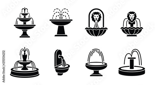 Black Fountain Icons Set Vector Illustrations On White Background