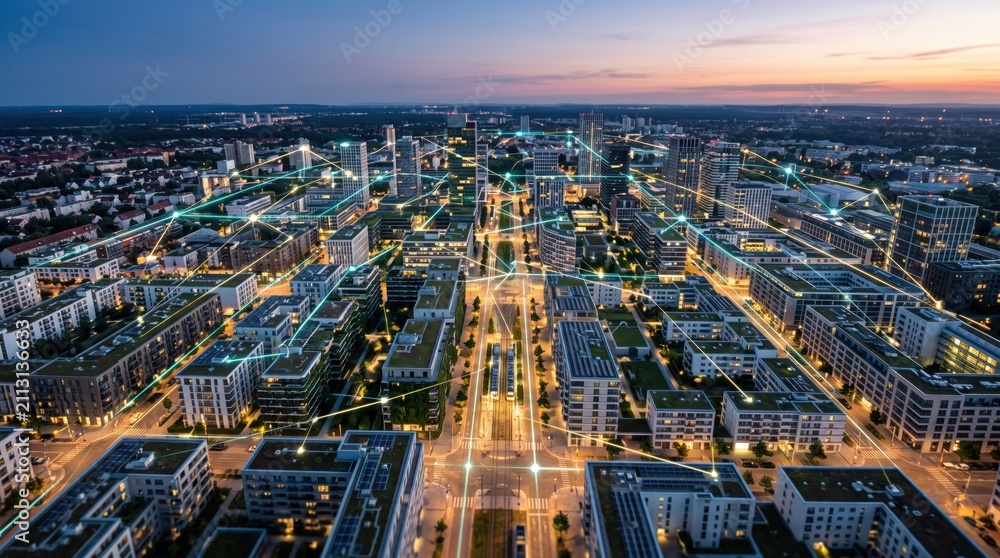 Obraz premium Aerial view of futuristic smart city at dusk with illuminated skyscrapers connected by glowing digital network lines, representing urban infrastructure, IoT connectivity and mod...