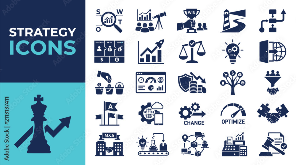 Fototapeta premium Set of business strategy icons featuring various professional symbols for corporate planning and management success