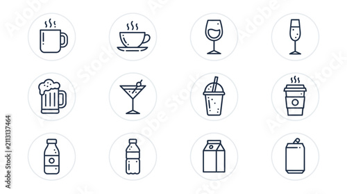 Quadro su tela Collection of beverage and drink icons in line art style.
