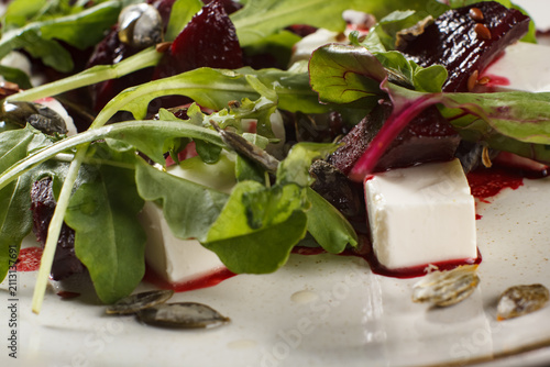 Fresh beetroot and feta cheese salad with pumpkin seeds beetroot vegetarian