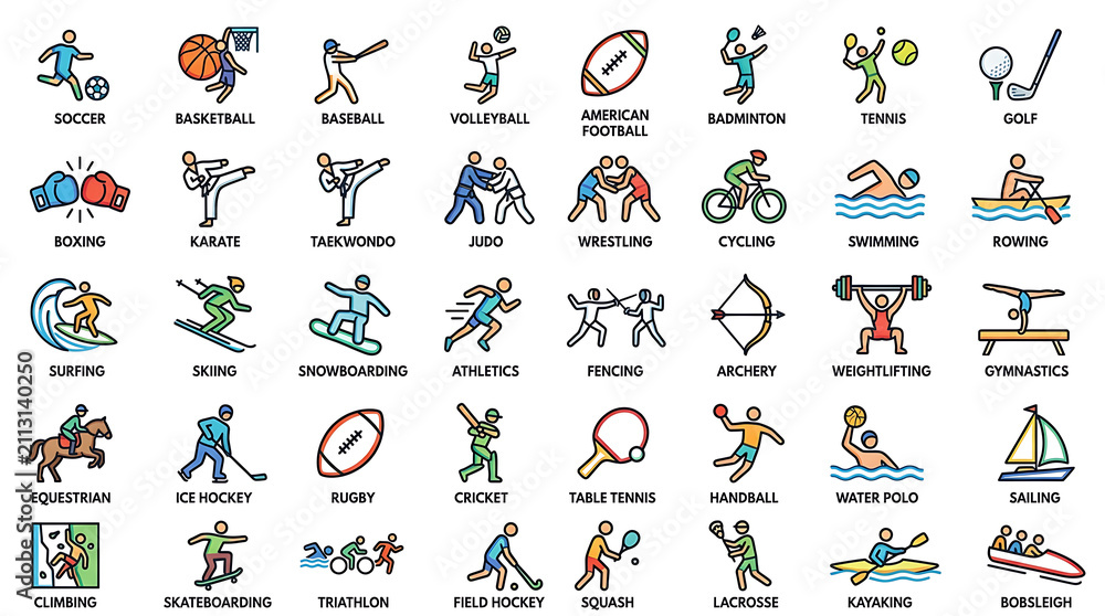 Fototapeta premium Sports icons collection flat vector featuring global athletic activities and diverse competitive fitness equipment for modern design projects