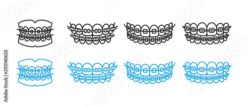 Dental braces icon set. Orthodontic teeth alignment symbols for dental clinic design.