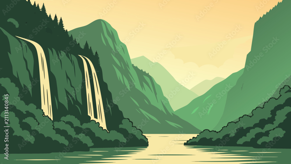 Fototapeta premium Scenic Green Fjord Landscape with Waterfalls at Sunset Gradient Vector 