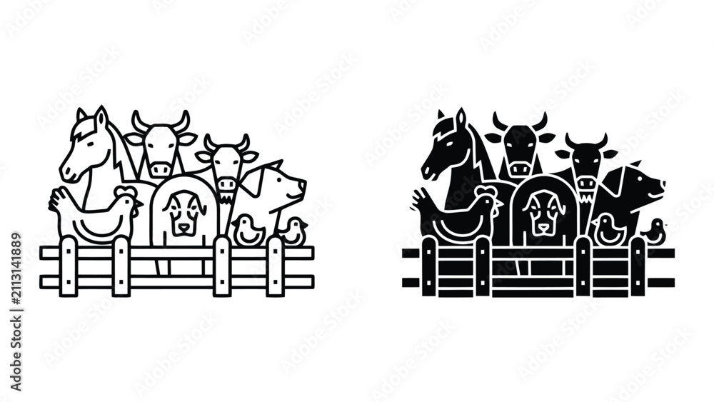 Fototapeta premium Group of farm animals standing behind a wooden fence in a minimalist vector illustration style