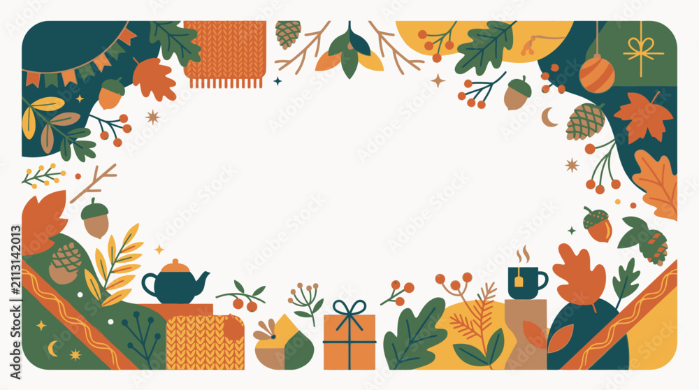Fototapeta premium Autumn seasonal border with falling leaves and cozy elements.