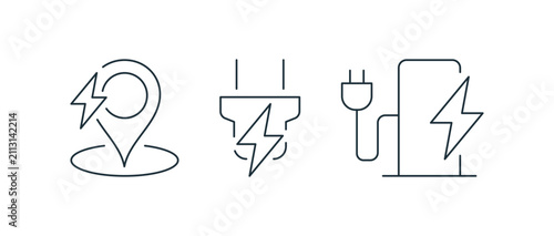 EV charging icon set, location pin with lightning bolt, plug connector with bolt and charging station with bolt for electric vehicle infrastructure flat vector illustration.
