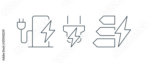 EV charging icon set, plug with lightning bolt, connector cable with bolt and stacked layers with bolt for electric vehicle power infrastructure flat vector illustration.
