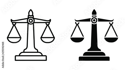 Black and White Scales of Justice Icons Representing Legal Balance and Fair Courtroom Judgment Style