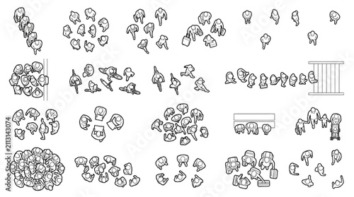 Top View Crowd and Standing People CAD Vector Line Art Set