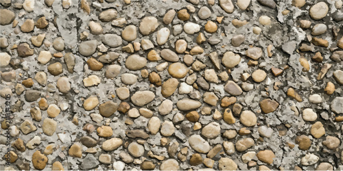 Foto Textured ground surface made of embedded smooth river pebbles with concrete back