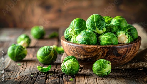 Brussels sprouts on rustic wooden table