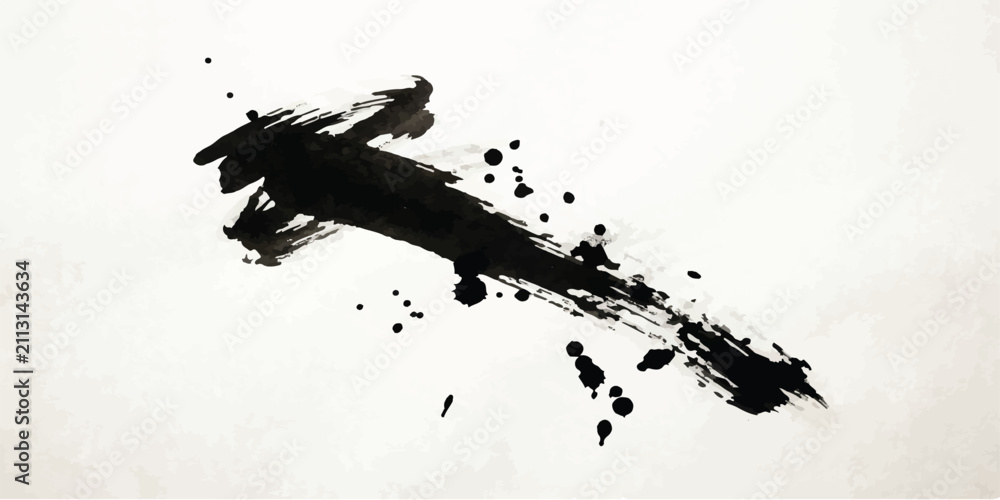 Fototapeta premium Abstract black ink brush stroke with splatters on white background abstract splatter artistic minimalist calligraphy creative background monochrome watercolor brushwork isolated movement