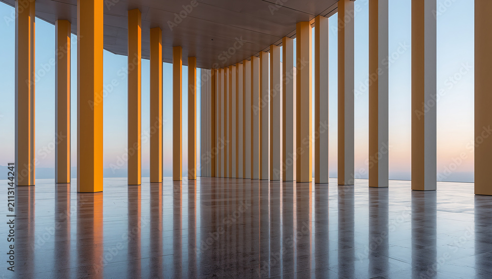 Fototapeta premium Modern architectural colonnade with reflective floor and soft sunset light