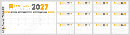 2027 Calendar Template Vector Design. 12 Months Desk Planner Layout, Modern Yellow and Gray Business Calendar Set. 2027 Desk Planner Calendar design.