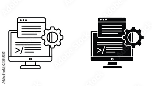 Computer Programming and Software Development Icons with Gear Settings in Minimalist Vector Style