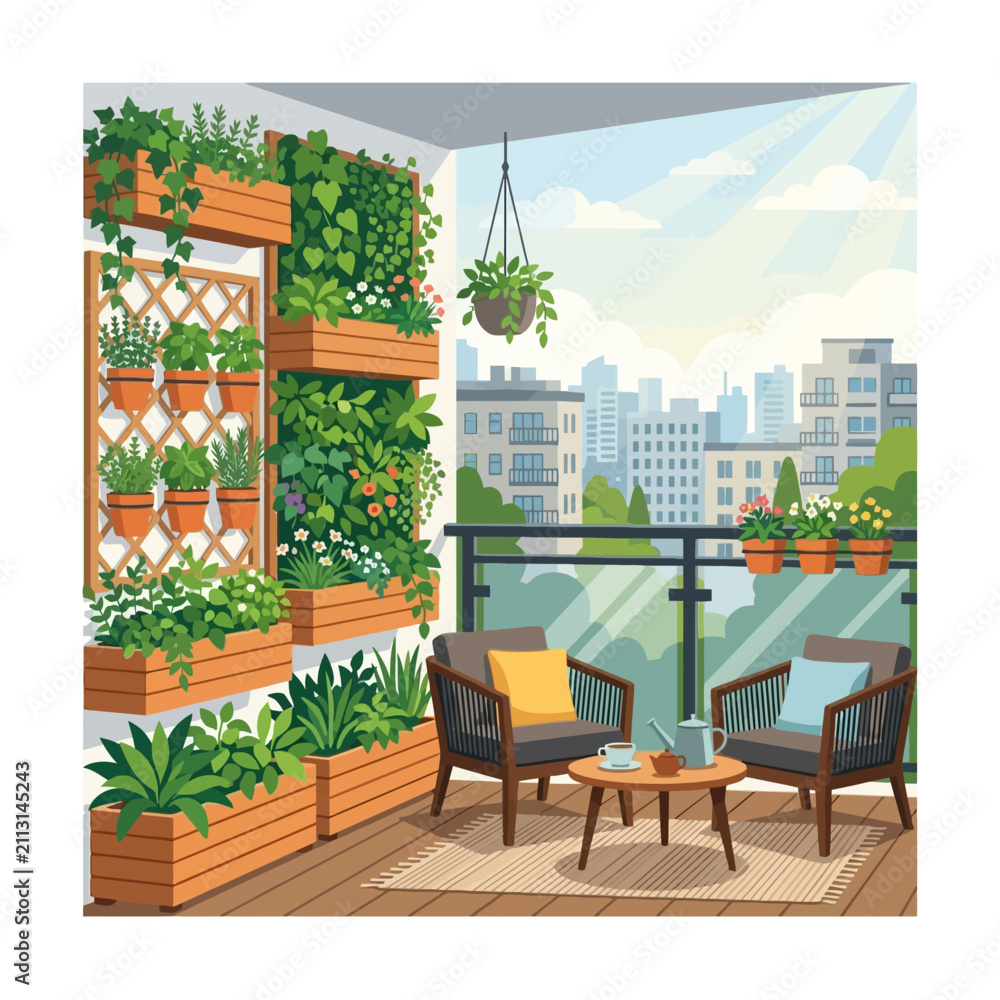 Fototapeta premium Lush apartment balcony garden with modern outdoor seating.